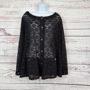 Susan Graver Black Crochet Button Long Sleeve Cardigan